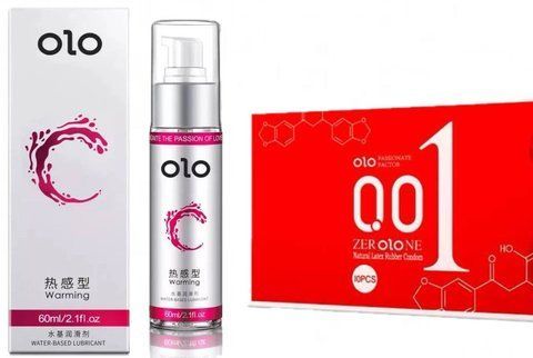 Набор презервативов возбуждающих OLO 0.01 ZER Red 10 шт + лубрикант возбуждающий OLO Warming 60 мл Ol654 фото